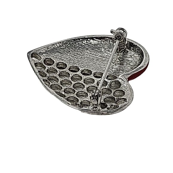 Lovely Red Enamel Silver Plate Heart Pin VTG Jewelry Brooch 6354 - Picture 7 of 11